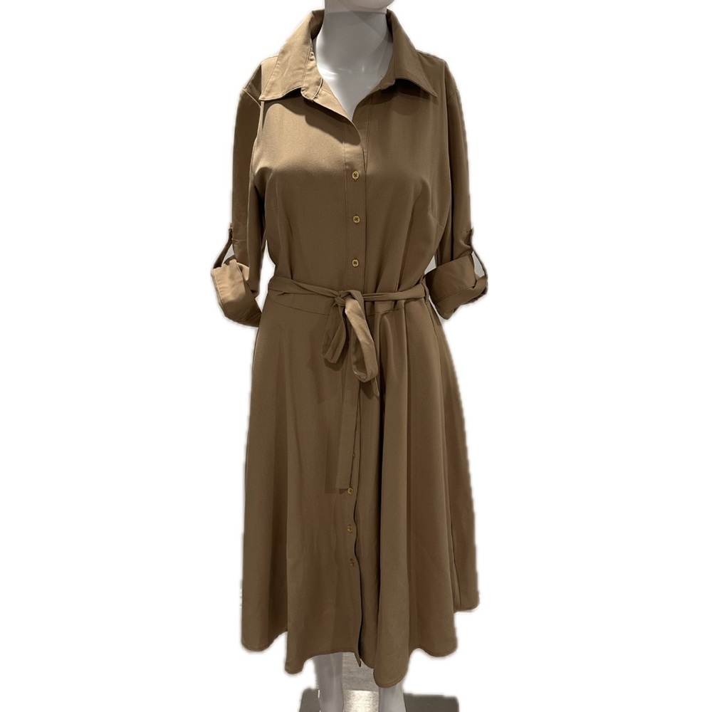 Sharagano Tan Blue Collar Fit to Flare Button Dress Size 8